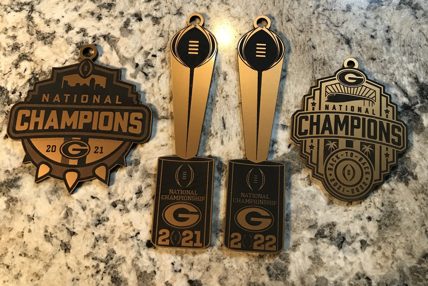 UGA 2021 and 2022 Ornament 2 - trophies and 2 logos