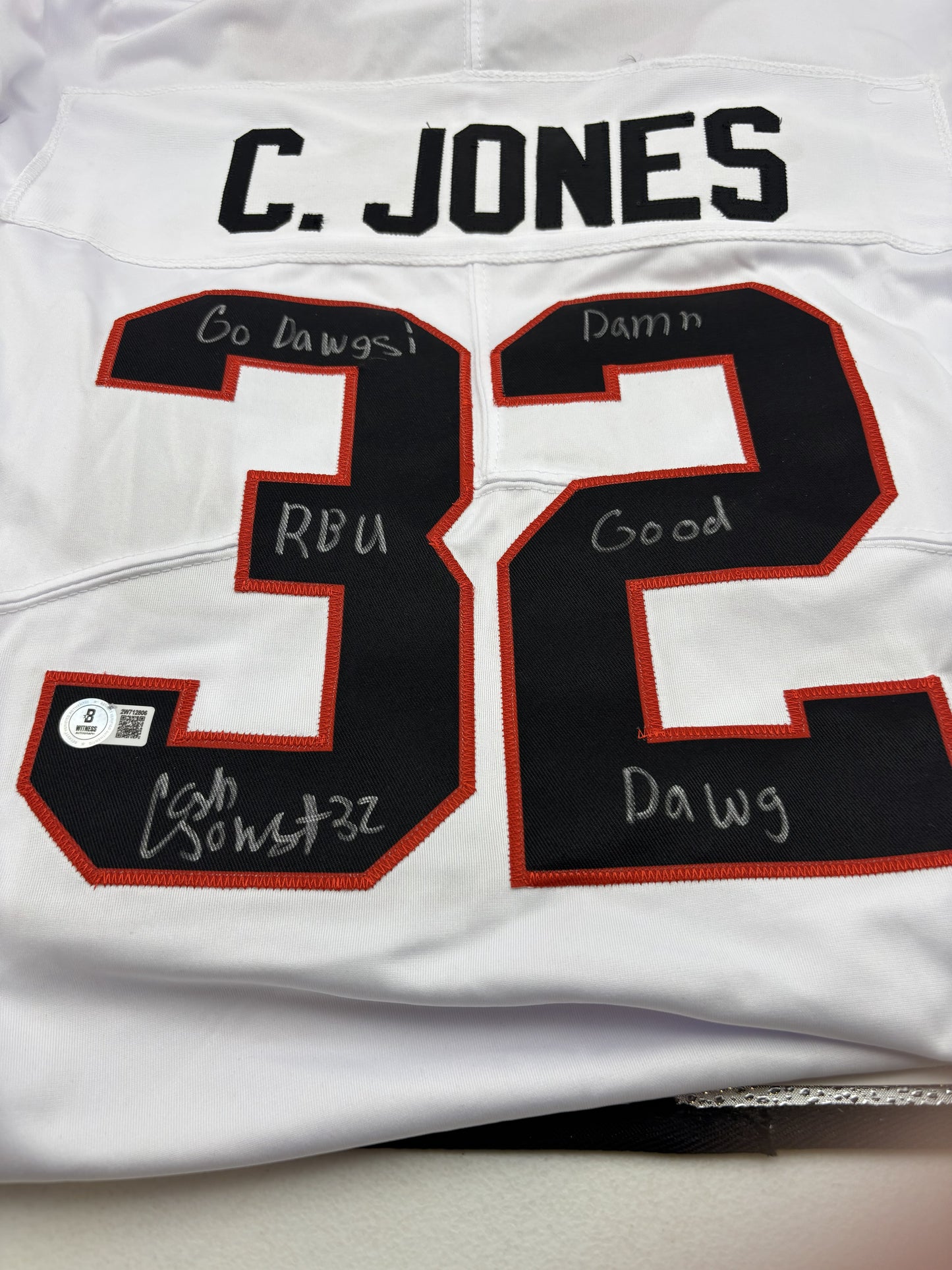 Jersey - Cash Jones Signed UGA Jersey White w/ inscription